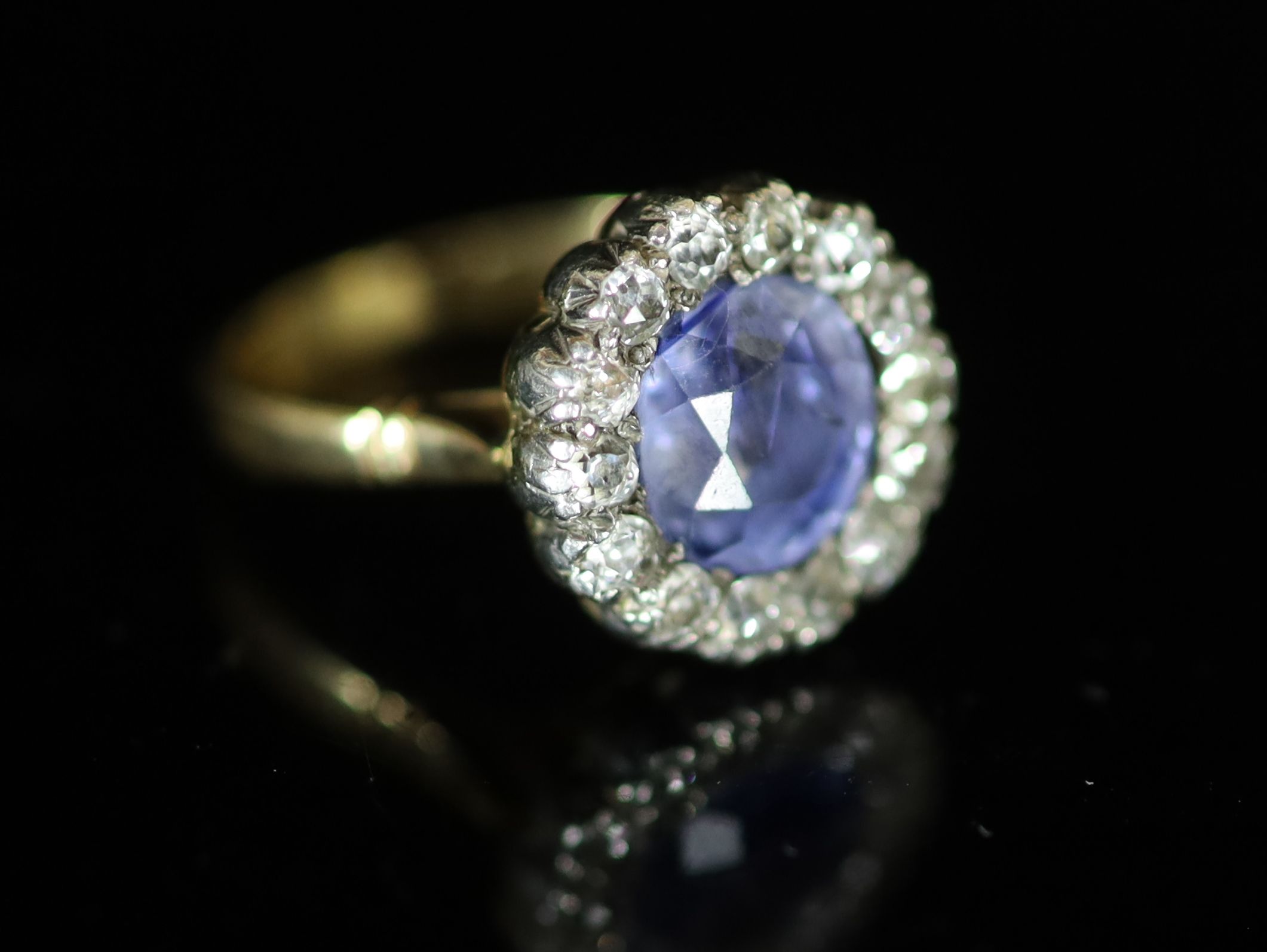 A 19th century? gold, sapphire and diamond set circular cluster ring